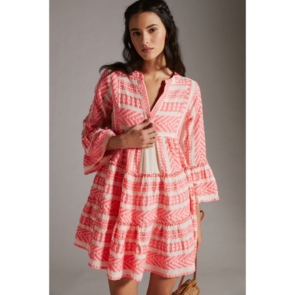 Devotion Twins Anthropologie Ella Coral Geometric Print Boho Shift Dress XS‎